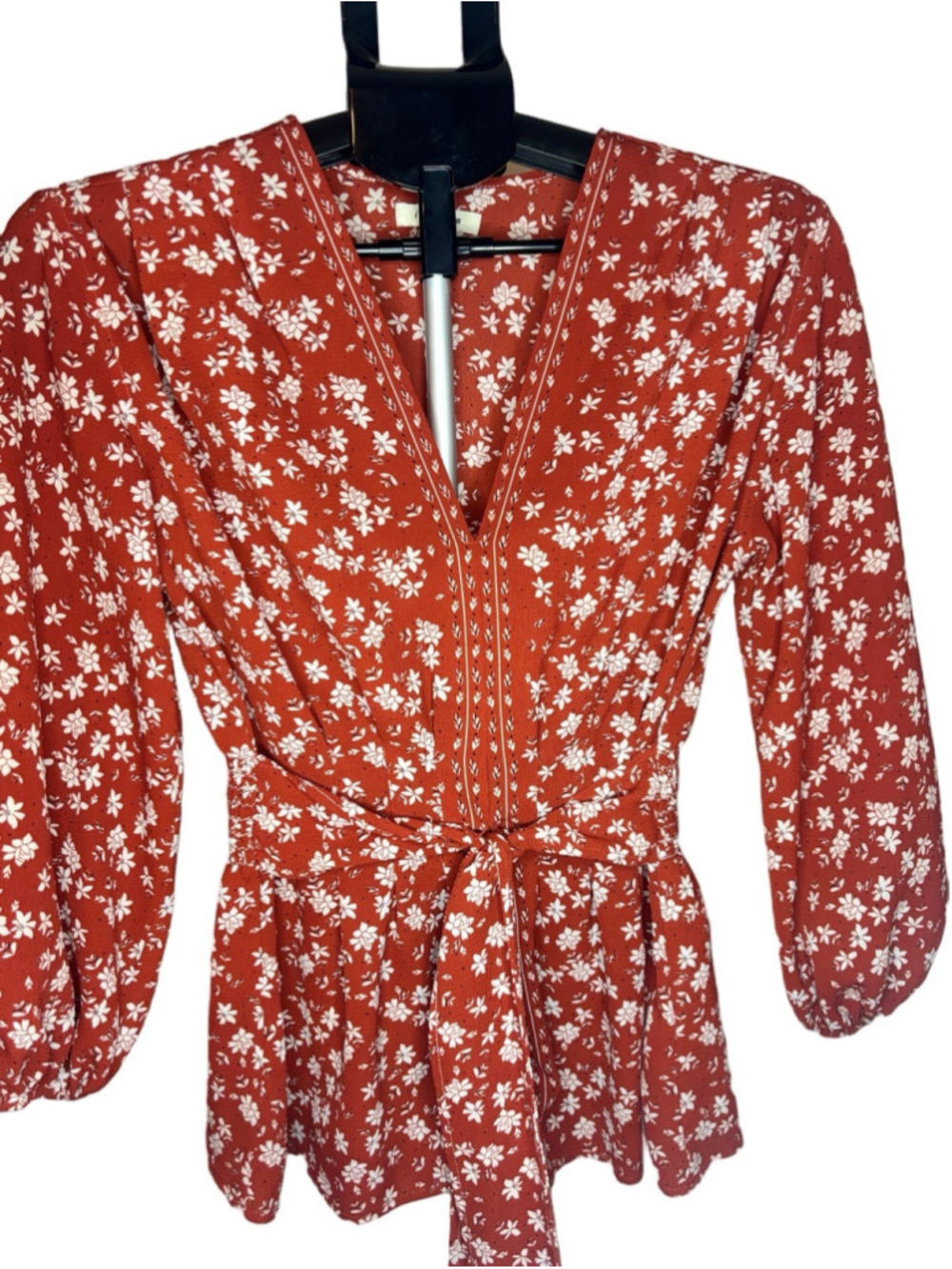 Max Studio Floral Wrap Peplum Blouse Womens S Rust Long Sleeve Boho Tie Waist